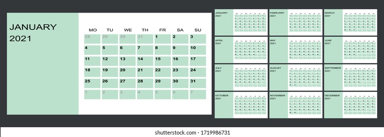 Calendar 2021 yearly. Week starts on Monday. Vector illustration.