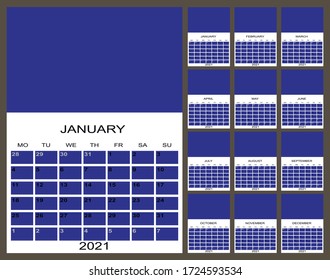 Calendar 2021 yearly. Week starts on Monday. Vector illustration.