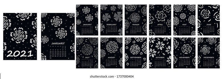 Calendar 2021 yearly. Week starts on Sunday. Vector illustration with hand drawn abstract flowers, black and white design.