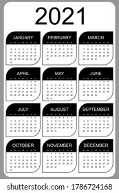 Calendar 2021 yearly. Week starts on Sunday. Vector illustration, black and white design.