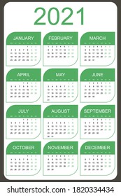 Calendar 2021 yearly. Week starts on Monday. Vector illustration.