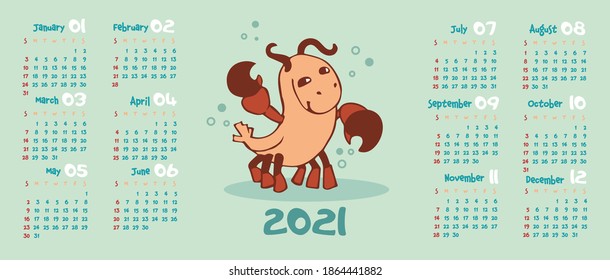 Calendar for 2021. Zodiac sign Cancer, a cheerful cartoon animal 