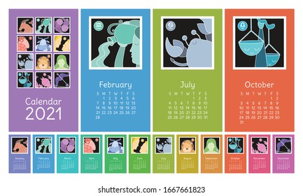 Calendar 2021. Zodiac signs: aquarius, libra, leo, taurus, cancer, pisces, virgo, capricorn, sagittarius, aries, gemini, scorpio. Color vector horoscope. Astrological calender. Colorful design