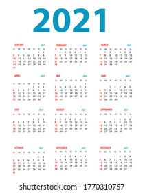 Calendar 2021year - vector illustration. Week starts on Sunday, corporate design planner template.

