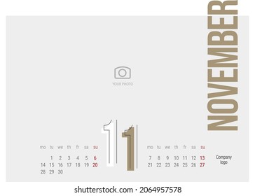 Calendar 2022 11th month November modern black light line condensed gold typography landsape desk wall calendar starts monday creative idea design