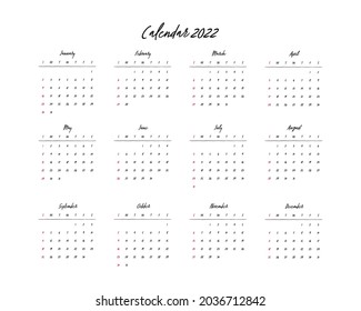 Calendar 2022, 12 month in clean minimal table simple style. Calendar 2022 template. Calendar planning week.