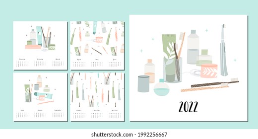 Calendar 2022, 12 months. Week start from Sunday. Event planner, organizer, schedule page design, weekly timetable. Oral care, dental hygiene, teeth health, toiletry. Vector flat cartoon illustration