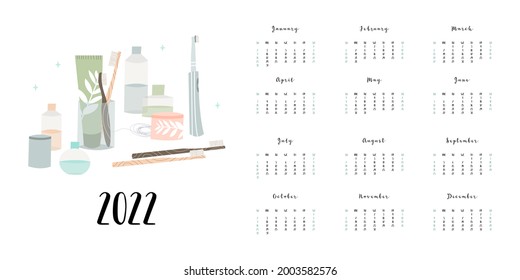 Calendar 2022, 12 months. Week start from Sunday. Event planner, organizer, schedule page design, weekly timetable. Oral care, dental hygiene, teeth health, toiletry. Vector flat cartoon illustration