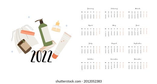 Calendar 2022, 12 months. Week start from Monday. Event planner, organizer, schedule page design, weekly timetable. Bathroom accessories, bath item, toiletry. Vector flat cartoon illustration