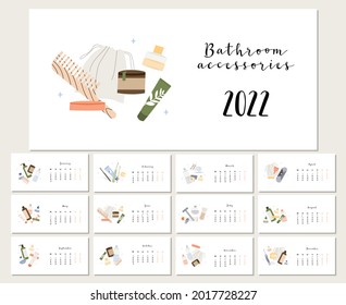 Calendar 2022, 12 months. Week start from Monday. Event planner, organizer, schedule page design, weekly timetable. Bathroom accessories, bath item, toiletry. Vector flat cartoon illustration