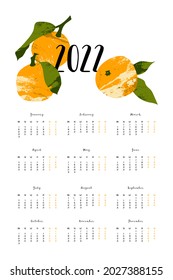 Calendar 2022, 12 months. Week start from Monday. Event planner, organizer, schedule page design, weekly timetable. Mandarin, tangerine, orange, citrus fruit. Vector flat cartoon illustration