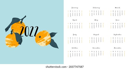 Calendario 2022, 12 meses. La semana comienza el domingo. Planificador de eventos, organizador, diseño de páginas programadas, horario semanal. Mandarín, mandarina, naranja, cítricos. Ilustración de dibujos animados planos vectoriales