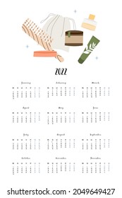 Calendar 2022, 12 months. Week start from Monday. Event planner, organizer, schedule page design, weekly timetable. Bathroom accessories, bath item, toiletry. Vector flat cartoon illustration