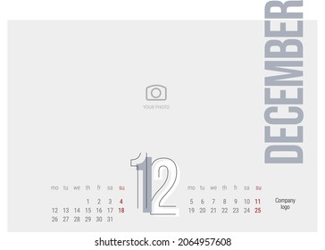 Calendar 2022 12th month December modern black light line condensed grey typography landsape desk wall calendar starts monday creative idea design