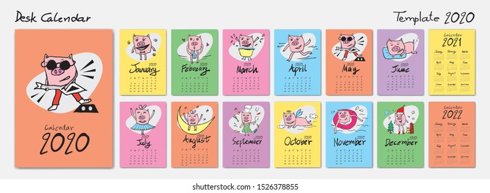 Calendar 2022, 2021 template with Cute Pig cartoon vector illustration , calendar 2021-2022, Desk calendar 2020, Lettering calendar, Set of 12 Months, Wall calendar poster, pigs cartoon cover design