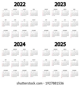 Calendar 2022, 2023, 2024, 2025 year. The week starts on Sunday. Annual calendar template. Yearly English calendar. Yearly organizer in minimal design. Portrait orientation. Vector