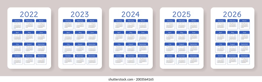Calendar 2022, 2023, 2024, 2025 and 2026. English blue vector pocket calender design template