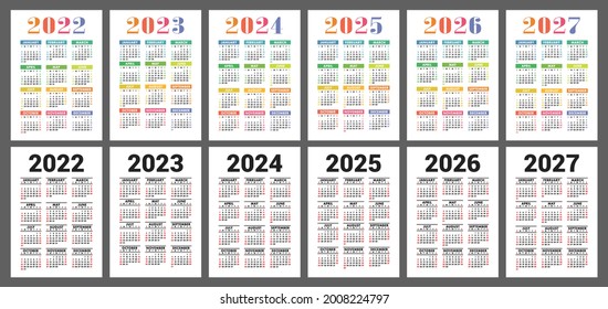 Calendar 2022, 2023, 2024, 2025, 2026 and 2027. English vector set. Vertical wall or pocket calender template. Week starts on Sunday