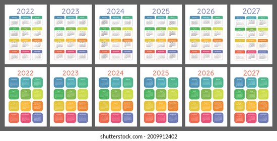 Calendario 2022, 2023, 2024, 2025, 2026 y 2027. Juego de vectores en inglés. Planilla vertical de pared o calénder de bolsillo. La semana empieza el domingo