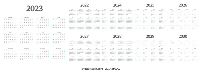 Calendar 2022 2023 2024 2025 2026 2027 2028 2029 2030 week start Monday corporate design planner template. svg
