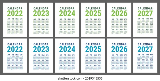 Calendar 2022, 2023, 2024, 2025, 2026 and 2027. English vector set. Vertical wall or pocket calender template. Week starts on Sunday