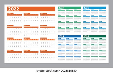 Calendar 2022, 2023, 2024, 2025, 2026 years. Week starts on Monday. Design template