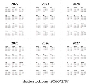Calendar 2022, 2023, 2024, 2025, 2026, 2027 year. Vector. The week starts on Sunday. Stationery vertical template in a simple minimalist design. The annual calendar is an organizer for several weeks. 