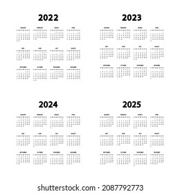 Calendario 2022, 2023, 2024 y 2025 años. La semana empieza el domingo. Plantilla de calendarios anuales en inglés. Plantilla vertical con diseño sencillo y mínimo. Orientación vertical. Vector