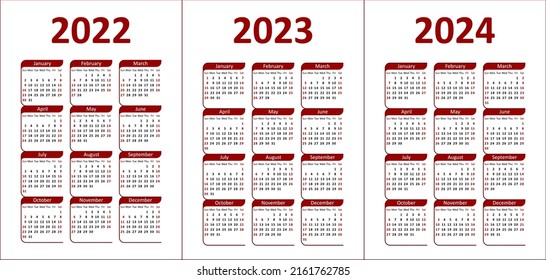 Calendar 2022, 2023 and 2024. Red and black letters and figures on a white background. Week starts on Sunday. 