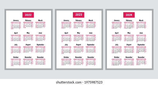 Calendar 2022, 2023, 2024. Vertical wall. Design template element for planner, diary. Holidays and US Observances are highlighted. New Year. Week starts on Sunday. Vector illustration