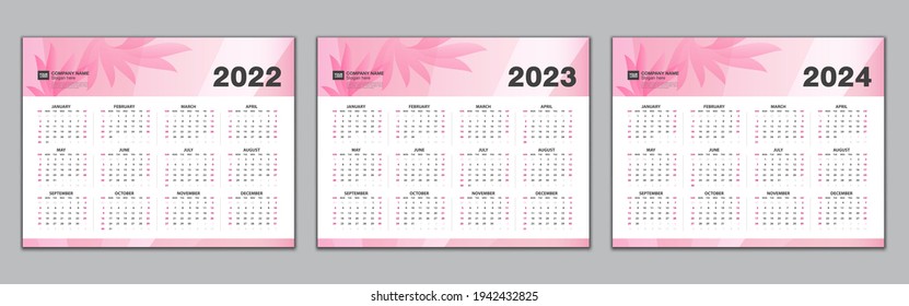 Calendar 2022, 2023, 2024 year template, Simple calendar, desk calendar design,  wall calendarWeek starts from Sunday. Set of 12 Months, Planner, poster, vector eps10, Pink flowers background