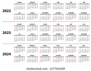 Calendar 2022 2023 2024 Years English Stock Vector (Royalty Free ...