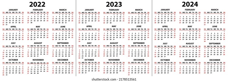 Calendar for 2022, 2023 and 2024 years in English in simple style on a white background. Week starts on Sunday. Vector illustration