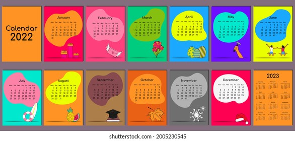 Calendar for 2022, calendar for 2023. The beginning of the week is on Monday. Vector vertical colorful calendar with a symbol for each month. Template with a cover size A4 A3 A2 A5.