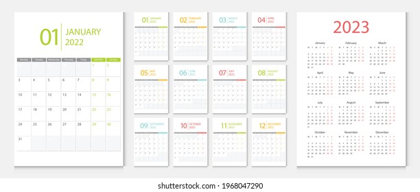 Calendar 2022, calendar 2023 week start Monday corporate design template vector.