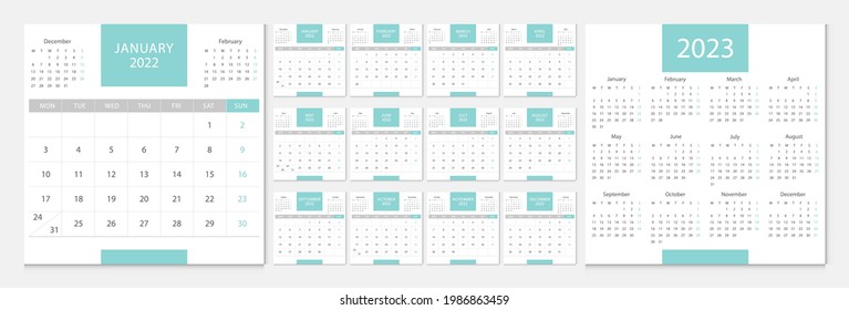 Календарь 2022, календарь 2023 неделя начинается понедельник шаблон корпоративного дизайна вектор.