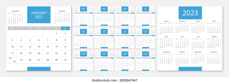 Calendar 2022, calendar 2023 week start Monday corporate design template vector.