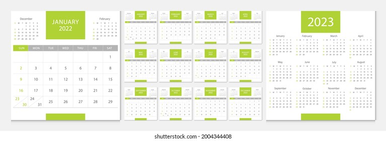 Calendar 2022, calendar 2023 week start Sunday corporate design template vector.