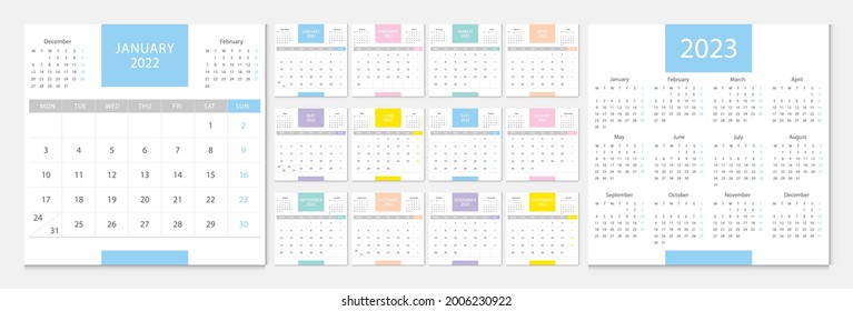 Calendar 2022, calendar 2023 week start Monday corporate design template vector.