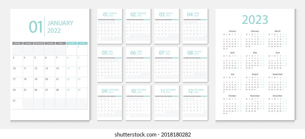 Calendar 2022, calendar 2023 week start Monday corporate design template vector.