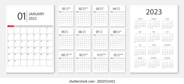 Calendar 2022, calendar 2023 week start Sunday corporate design template vector.