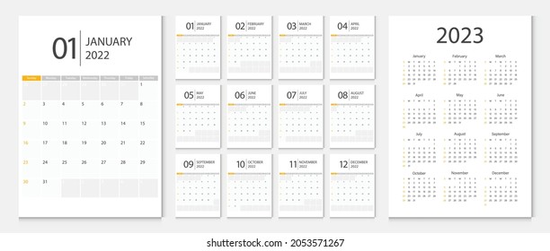 Calendar 2022, calendar 2023 week start Sunday corporate design template vector.