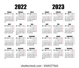 calendar 2022 and 2023, week starts on Monday, basic business template. vector illustration