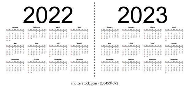 Calendar 2022, 2023. Week starts from Sunday, business template. Isolated vector illustration on white background.