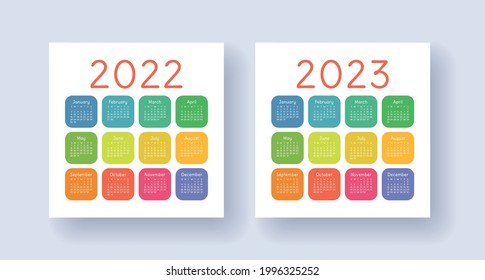 Calendar 2022 and 2023 year set. Vector template collection. Week starts on Sunday. January, February, March, April, May, June, July, August, September, October, November, December