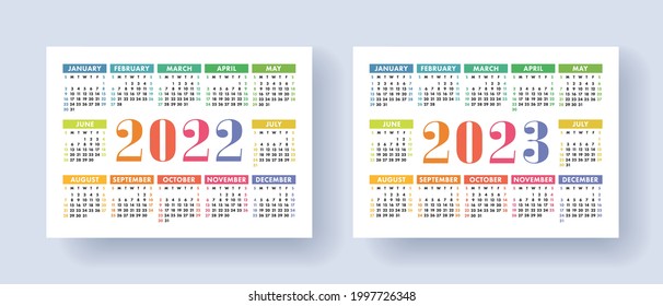 Calendario 2022 y 2023. Colección de plantillas de vectores. La semana comienza el domingo. Enero, febrero, marzo, abril, mayo, junio, julio, agosto, septiembre, octubre, noviembre, diciembre