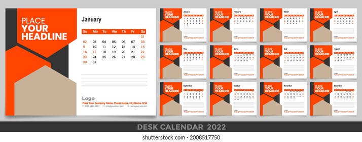 Calendar 2022, 2023 year template vector and a mockup desk calendar, Set Desk Calendar 2022 vector creative design, Multipole color design, Set of 12 Months, Week start Sunday, Stationery.