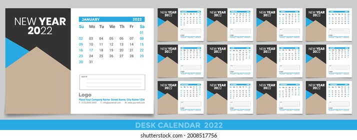 Calendar 2022, 2023 year template vector and a mockup desk calendar, Set Desk Calendar 2022 vector creative design, Multipole color design, Set of 12 Months, Week start Sunday, Stationery.