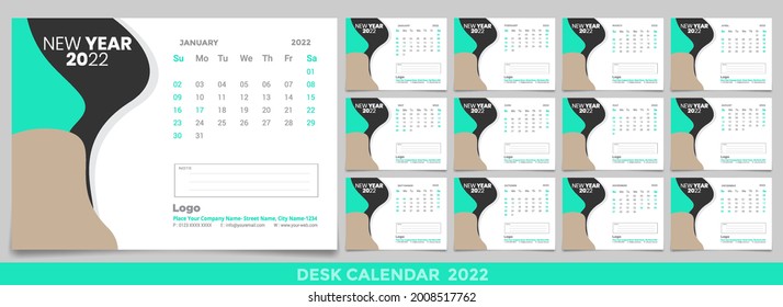 Calendar 2022, 2023 year template vector and a mockup desk calendar, Set Desk Calendar 2022 vector creative design, Multipole color design, Set of 12 Months, Week start Sunday, Stationery.