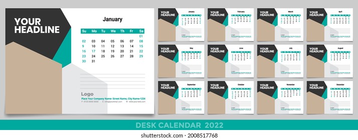 Calendar 2022, 2023 year template vector and a mockup desk calendar, Set Desk Calendar 2022 vector creative design, Multipole color design, Set of 12 Months, Week start Sunday, Stationery.